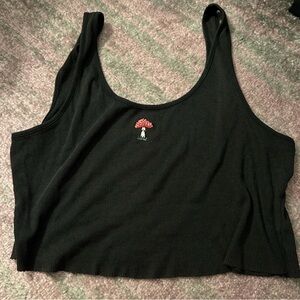 Black Ribbed Tank Top with Mushroom Embroidery